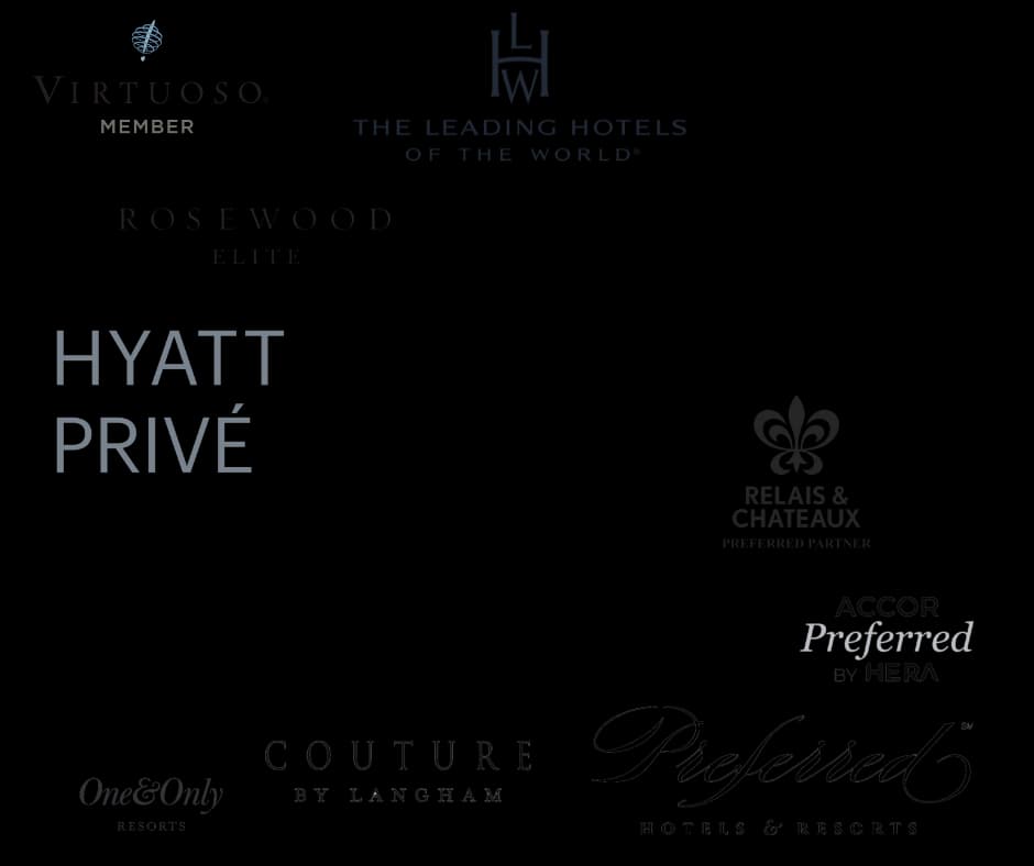 Logos of luxury hotel programs including Virtuoso, The Leading Hotels of the World, Rosewood Elite, Hyatt Prive, Relais & Châteaux, One&Only Resorts, Couture by Langham, and Preferred Hotels & Resorts.